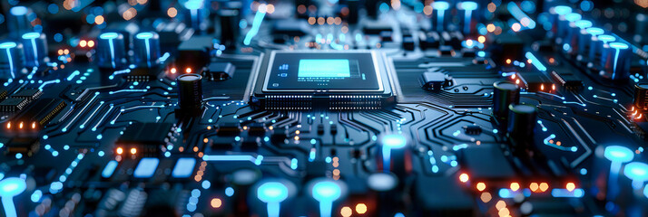 Abstract Digital Circuit and Processor, Blue Technology and Computing Background, Electronics and Engineering Concept