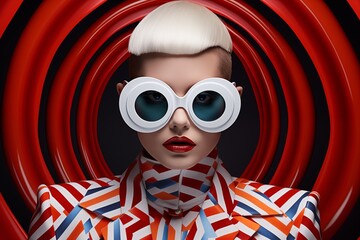 Model in striking optical attire and oversized glasses, a fusion of retro and futuristic style