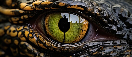 A detailed closeup of a crocodiles eye, showcasing its intricate eyelashes and the unique hole in the eye. The art of nature in a terrestrial animal - obrazy, fototapety, plakaty