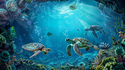 Fototapeta premium Sea turtles journeying through an underwater valley, teeming with marine life and vivid sea plants.