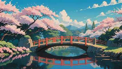 Japanese cherry garden with bridge and sakura blossom. Spring landscape of park with stone bridge over river or brook