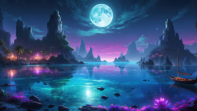 fantasy night sky  with beautiful purple sky and moon. With the boat.