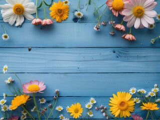 Vibrant summer flowers on blue wooden background. Assorted colorful wildflowers arranged on a rustic blue wood texture