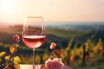 Wine glass with pouring rose wine and vineyard landscape in sunny day. Winemaking concept.