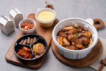 Korean food, braised spicy chicken, spicy, steamed chicken, soy sauce, side dishes, steamed eggs, ham, kimchi, traditional