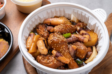 Korean food, braised spicy chicken, spicy, steamed chicken, soy sauce, side dishes, steamed eggs, ham, kimchi, traditional