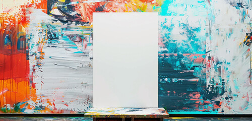 A contemporary art gallery with a blank white poster displayed against a backdrop of colorful abstract paintings