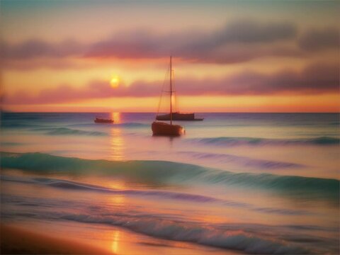 Silhouette of a sailboat glides across a sea painted with colorful hues of sunset