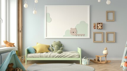 High quality wall art frame mockup. Lovely baby room, home interior design, 3d rendering
