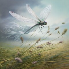 The viewer is drawn into the scene feeling the rush of wind as the dragonfly speeds past
