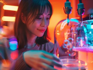 Ingenious Asian mixologist engages with AI technology in a mocktail crafting session, with neon glow illuminating her precise movements and creative flair