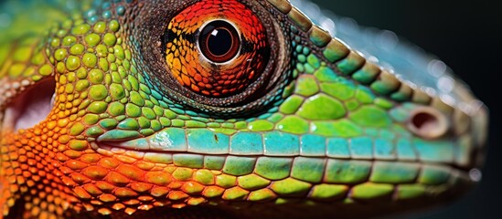 A detailed closeup of a vibrant green scaled reptiles face and eyes, showcasing the intricate adaptation of this terrestrial animal. A stunning macro photography capture of wildlife art - obrazy, fototapety, plakaty