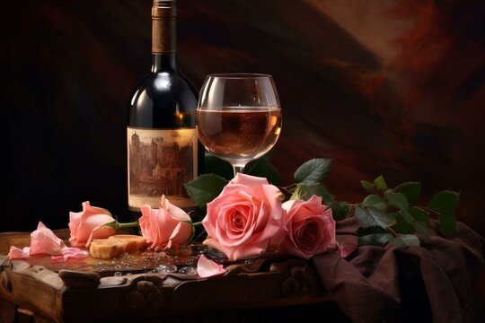Delicate Rose wine bottle. Pink white drink. Generate Ai