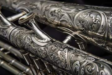 Show the intricate engravings on the trombone in the marching band - obrazy, fototapety, plakaty
