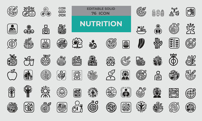 Fototapeta na wymiar 76 Solid Icons for Nutrition set in fill style. Excellent icons collection. Vector illustration. 