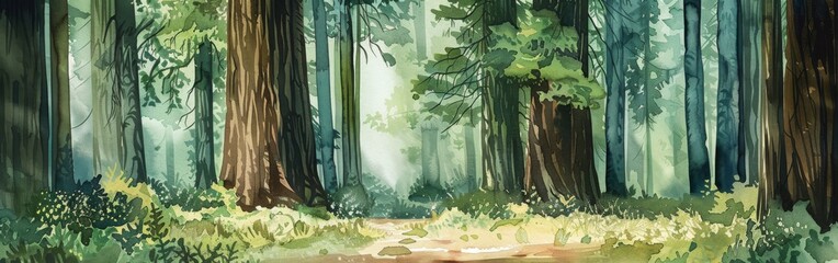 A watercolor illustration depicting a path winding through a dense forest with towering trees and...