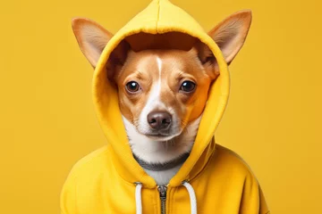 Foto op Plexiglas a dog wearing a yellow hoodie © Elena
