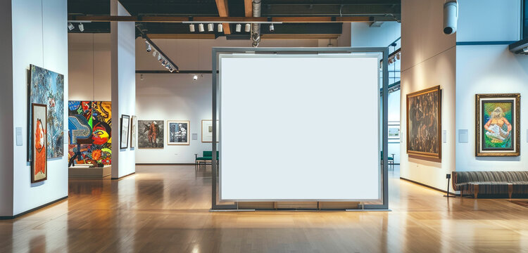 A gallery exhibit hall with a blank white poster displayed alongside a diverse range of contemporary art pieces