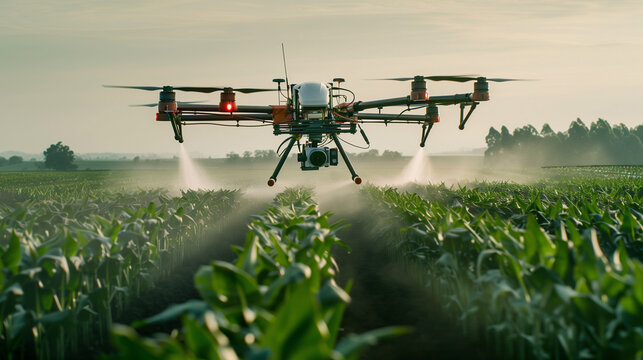 drone spraying on crop field, famer using modern technology for crop maintenance, technology use in agriculture 