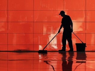Silhouette of a worker mopping a reflective red floor against a tiled wall.