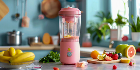 This compact blender is perfect for making smoothies on the go. Its rechargeable and easy to clean, making it a must-have for health enthusiasts - obrazy, fototapety, plakaty