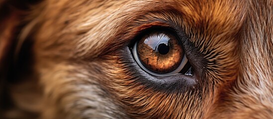 A closeup of a carnivores brown eye, belonging to a fawncolored dog breed. The dogs eyelash and whiskers are visible, along with its livercolored snout - obrazy, fototapety, plakaty