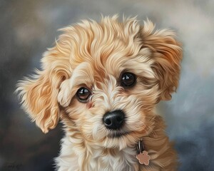 A lifelike portrait of a fluffy puppy with big soulful eyes