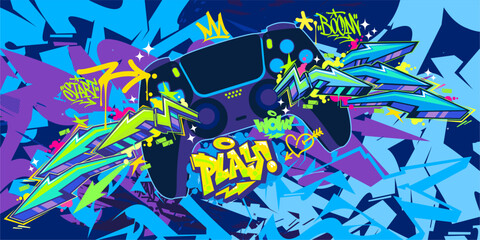 Trendy Abstract Joystick Or Gamepad Hip Hop Graffiti Street Art Urban Gaming Style Vector Banner