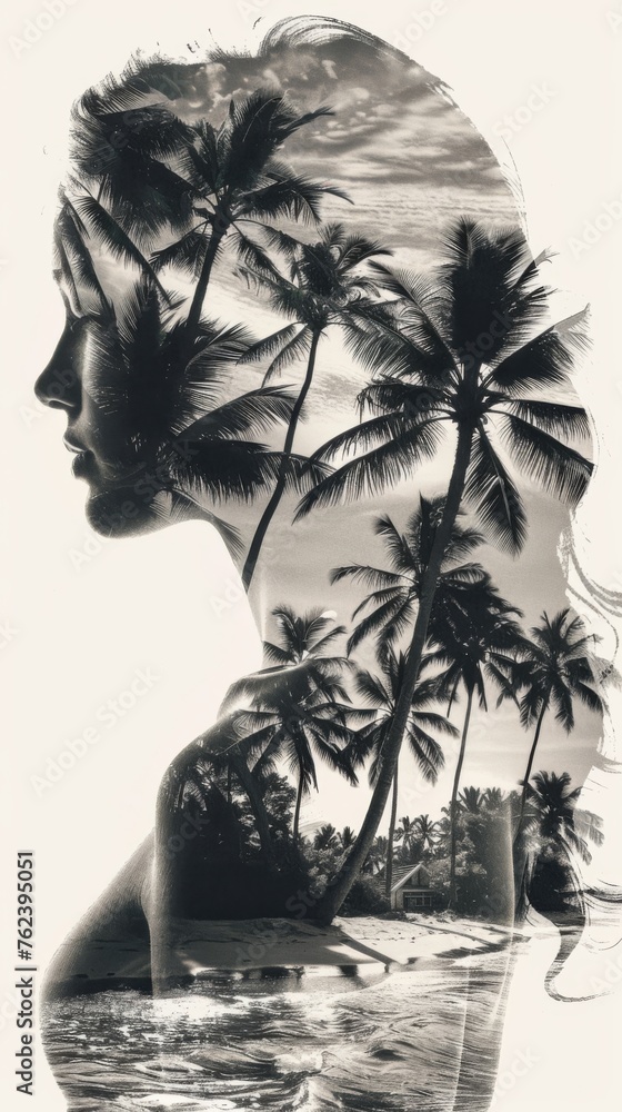Poster A black and white close-up of a womans face with palm trees in the background, creating a striking double exposure effect.