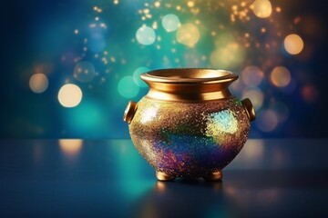 a gold and blue pot with glitter
