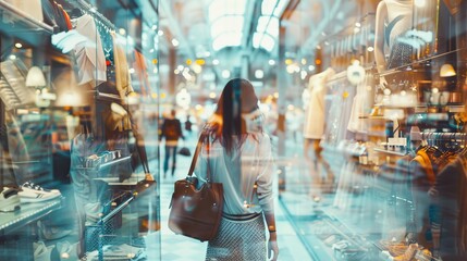 A woman is walking through a store with a brown purse. The store is filled with many people and items, including a large number of handbags. The atmosphere is busy and bustling, with people shopping - obrazy, fototapety, plakaty