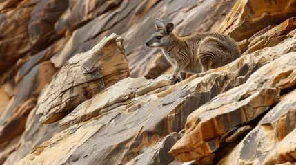 Poster A kangaroo is perched on a rocky cliff, looking out into the distance. The marsupials strong hind legs support its body as it stands tall against the rugged terrain. © vadosloginov