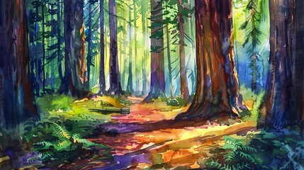 A painting of a forest with a path leading through it. The trees are green and the sky is blue. The...