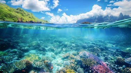 A view of a diverse coral reef ecosystem teeming with colorful fish, swaying sea plants, and intricate coral formations under the crystal-clear waters of the ocean.