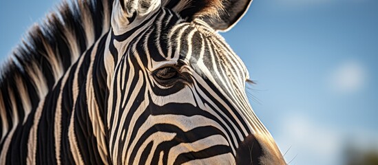 Naklejka premium A closeup of a zebras snout with a backdrop of an electric blue sky, showcasing the beauty of this terrestrial animal in a grassland landscape