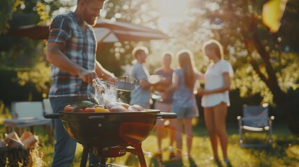 A diverse group of people are gathered outdoors standing around a grill, where food is being cooked. The grill is emitting smoke as the individuals chat and socialize in a casual setting.