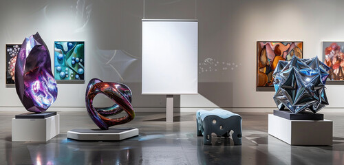 A gallery setting with a white blank poster displayed amidst dynamic contemporary sculptures and artworks