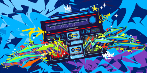 Cool Abstract Detailed Ghetto Blaster Urban Style Hiphop Graffiti Street Art Vector Template
