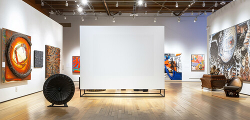 A gallery show hall featuring a variety of contemporary art works and a blank white poster
