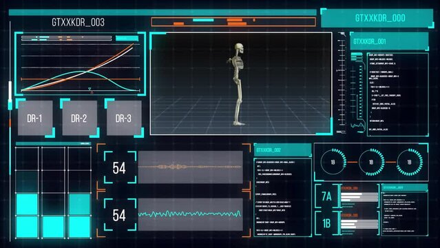 Animation of human skeleton and digital data processing over screens