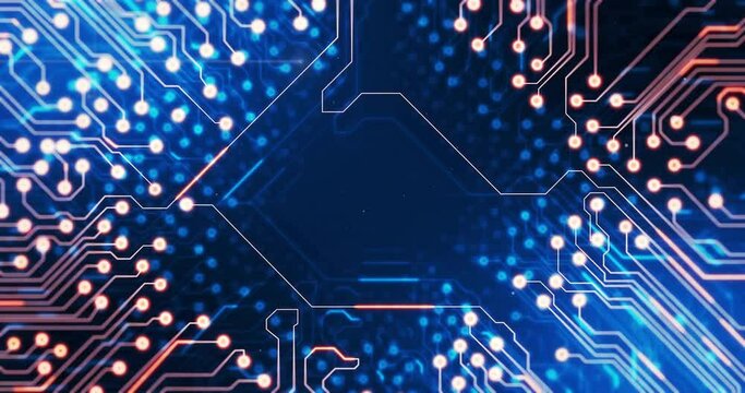 Animation of circuit board and digital data processing over black background