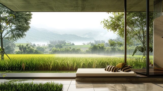 a villa, where the corner of an aluminum window frames a picturesque view of green rice fields amidst a gentle spring rain, in a super realistic photograph bursting with bright colors.