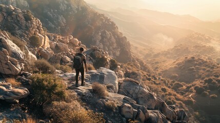 Hispanic man in 50s hiking in mountains, finding strength and clarity in andropause through connection with nature