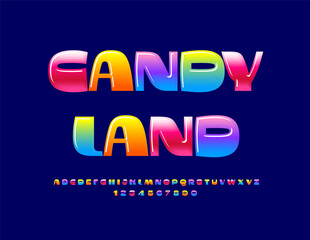 Vector colorful emblem Candy Land. Funny Children Font. Bright Glossy Alphabet Letters and Numbers.