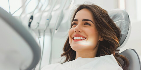 Beautiful smiling young woman is sitting in dental chair in clinic. Doctor is preparing for examination of teeth with tools. Dental clinic promotion. Teeth whitening, dental treatment, oral hygiene