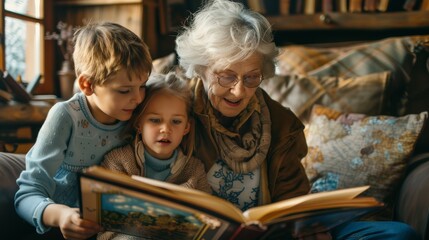 An older woman with gray hair is sitting in a chair, reading a book to two young children around her. The children are listening attentively, engaged in the story.