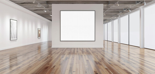 A modern art gallery with white walls, polished wood floors, and a blank poster waiting for inspiration