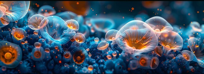 A cluster of jellyfish gracefully drifts in the water. Their translucent bodies gently pulse as they move, creating a mesmerizing sight. - obrazy, fototapety, plakaty