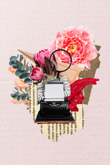 Surreal composite sketch image artwork 3D photo collage of bodyless author lady flower loupe...