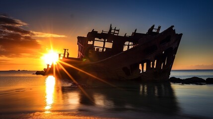 A decaying shipwreck slowly being consumed by the seafuturistic sci fi Hi Tech international gothic - obrazy, fototapety, plakaty